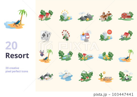Resort set. Creative icons: recreation resort, all-inclusive resort, ecotourism, ranches, casino, amusement park, spa resort, adult only resort, family-focused resort, clothing optional resort, golf Resort set. Creative icons: recreation resort, all-inclusive resort, ecotourism, ranches, casino, amusement park, spa resort, adult only resort, family-focused resort, clothing optional resort, golf 103447441