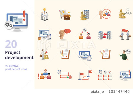 Project development set. Creative icons: team idea, portfolio, finance data, social campaign, budget cuts, work hours, buzz market, outsource, data exchange, business dialog, salary, legal documents 103447446