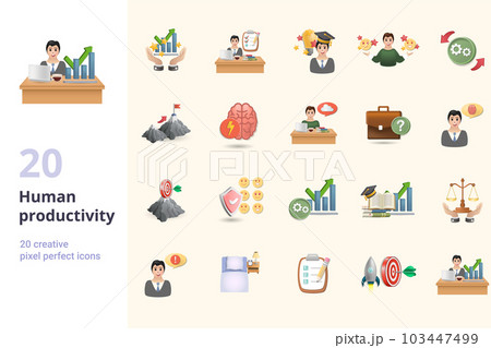 Human productivity set. Creative icons: inspiration, routine, genius, automatism, motivation, brain power, procrastination, career choice, good sense, purpose, emotional immunity, improvement 103447499