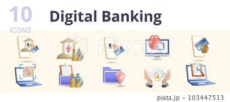 Digital banking set. Creative icons: mobile banking, banking service, e-wallet, cognitive computing, digital currency, electronic signature, invoice trading, encryption, regtech, competitor analysis. 103447513