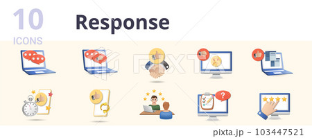 Response set. Creative icons: chat, testimonials, reliable, dislike, like, quick response, positive feedback, customer experience, online survey, rating. 103447521