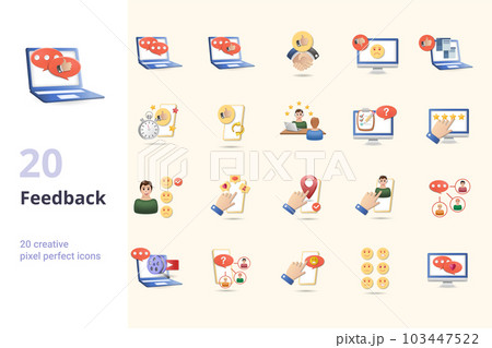 Feedback set. Creative icons: chat, testimonials, reliable, dislike, like, quick response, positive feedback, customer experience, online survey, rating, satisfaction, social network activity 103447522