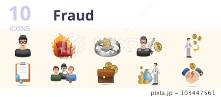 Fraud set. Creative icons: masked, hot seat, trap, bandit, venal, data leakage, latent, money bag, rich shortcut, corruption. 103447561