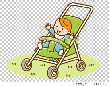 在戶外嬰兒車裡微笑的嬰兒 103447847