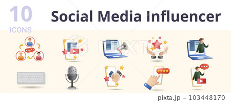 Social media influencer set. Creative icons: communication, video, advertisement, fame, blog, keyboard, microphone, brand collaboration, rating, blogger. 103448170
