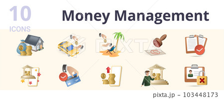 Money management set. Creative icons: wealth, car redit, travel credit, stamp, approved, mobile banking, payment, send funds, save funds, account blocking, coin, money, wallet. Money management set. Creative icons: wealth, car redit, travel credit, stamp, approved, mobile banking, payment, send funds, save funds, account blocking, coin, money, wallet. 103448173
