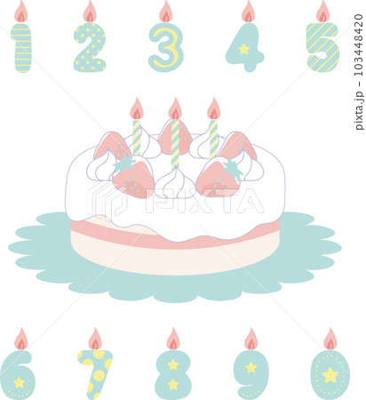 苺のデコレーションケーキと数字のろうそくセット 103448420
