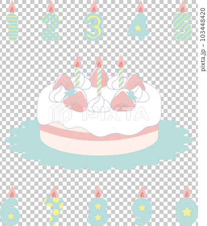 苺のデコレーションケーキと数字のろうそくセット 103448420