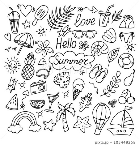 Summer doodles icon set. Hand drawn lines icons collection. Set of summer beach items. Summer doodles icon set. Hand drawn lines icons collection. Set of summer beach items. 103449258