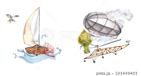 Composition of sailing ship, aerostatand airplane watercolor illustration isolated on white. Sailboat, vessel, coral, fish hand drawn. Childish design, element for guy, boy's room, printed products 103449403