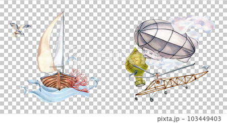 Composition of sailing ship, aerostatand airplane watercolor illustration isolated on white. Sailboat, vessel, coral, fish hand drawn. Childish design, element for guy, boy's room, printed products 103449403