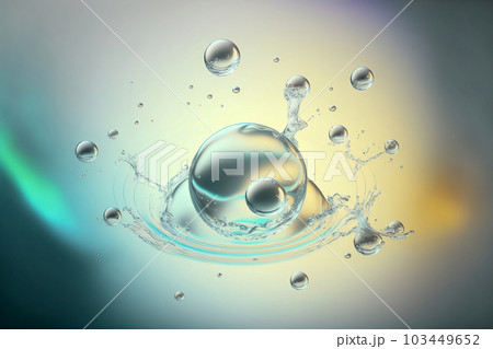 Cosmetic essence glittering molecule bubble. Collagen, vitamin or serum drop for moisturizer. Liquid molecule chemical structure floating on water background with Generative AI. Cosmetic essence glittering molecule bubble. Collagen, vitamin or serum drop for moisturizer. Liquid molecule chemical structure floating on water background with Generative AI. 103449652