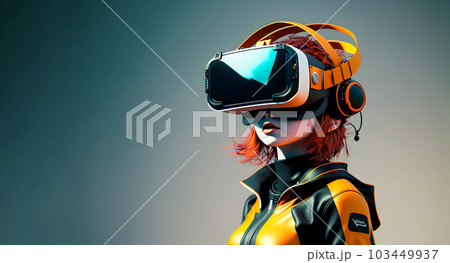 Cartoon character with VR headset glasses for futuristic playing Video games in high technology virtual world with Generative AI. 103449937