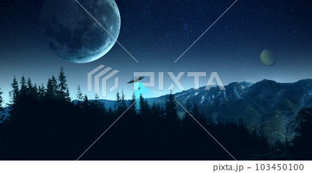 Futuristic design for wallpaper, background, poster with giant moon image at dark sky with UFO and human falling. Forest landscape Futuristic design for wallpaper, background, poster with giant moon image at dark sky with UFO and human falling. Forest landscape 103450100