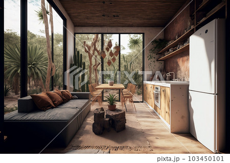 Minimal Living room with Home decoration. Cozy stylish with sofa and blank frame. Modern design background with Generative AI. 103450101