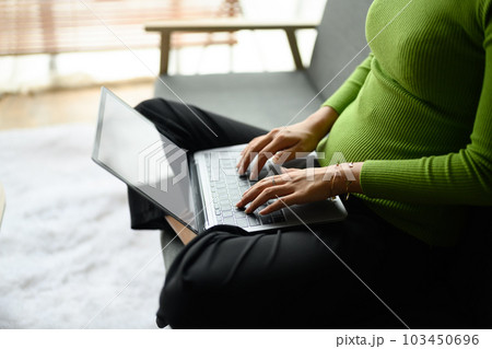 Young woman hands using laptop, typing on keyboard, chatting, shopping online from home Young woman hands using laptop, typing on keyboard, chatting, shopping online from home 103450696