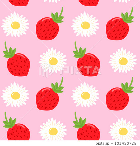 Strawberry and daisy seamless pattern on pink background. Cute summer print. 103450728