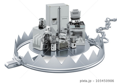 Kitchen and home appliance inside bear trap, 3D rendering 103450986