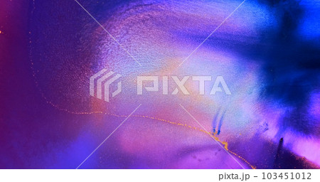 Blue dye spreads on lilac paint background. Blue colorful wave flow on shiny bright purple-pink ink abstract backdrop. Liquid motion art. Magenta-blue fluid splash flowing. Vivid texture. Neon artwork Blue dye spreads on lilac paint background. Blue colorful wave flow on shiny bright purple-pink ink abstract backdrop. Liquid motion art. Magenta-blue fluid splash flowing. Vivid texture. Neon artwork 103451012