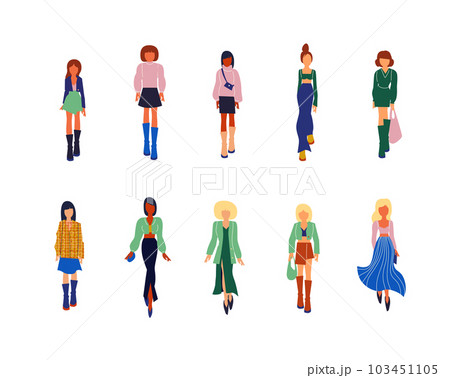 Collection of stylish young women dressed in trendy clothes. Vector fashion illustration. 103451105