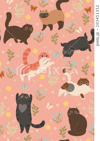 Seamless pattern of cute kittens and butterflies. Vector graphics. 103451352