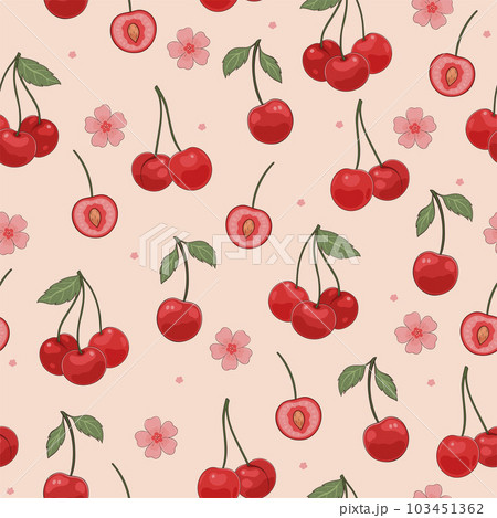 Seamless pattern with cherries and flowers. Vector graphics. Seamless pattern with cherries and flowers. Vector graphics. 103451362