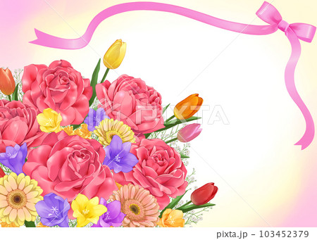 薔薇とチューリップとガーベラとフリージア　華やかなブーケとリボン 103452379