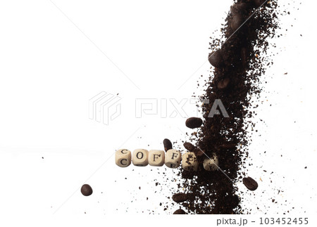 Coffee alphabet letter word bead fly with powder seed. Coffee roasted concept to refresh morning work. Coffee mix bean dust powder, alphabet letter word concept. White background isolated Coffee alphabet letter word bead fly with powder seed. Coffee roasted concept to refresh morning work. Coffee mix bean dust powder, alphabet letter word concept. White background isolated 103452455