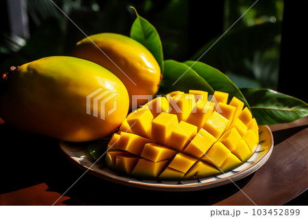 AI generative image of fresh juicy mango on the plate 103452899