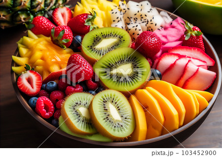 AI generative image of a ceramic bowl overflowing with fresh fruit, orange 103452900