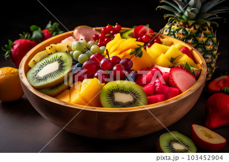 AI generative image of a ceramic bowl overflowing with fresh fruit, orange 103452904