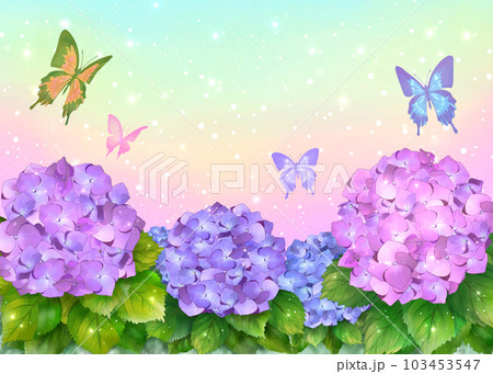 紫陽花と蝶と虹色背景のイラスト素材 [103453547] - PIXTA