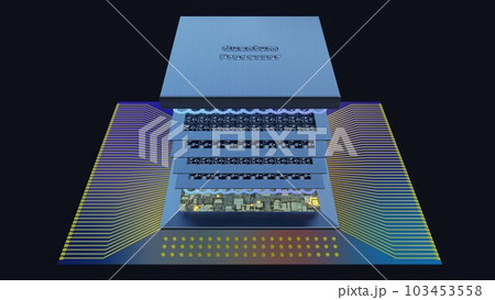 Quantum processor concept with quantum qubits circuit boards in layers, wiring, cover, 3D rendering, an exploded view, on black 103453558