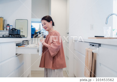 キッチンの収納を工夫するシニアの女性 103453562