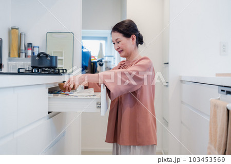 キッチンの収納を工夫するシニアの女性 103453569