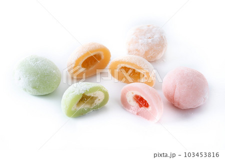 Japanese colorful mochi isolated on white background Japanese colorful mochi isolated on white background 103453816