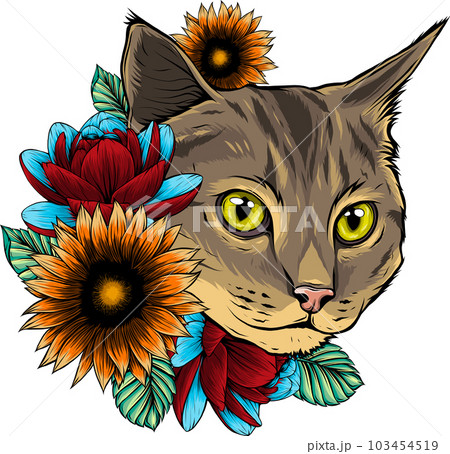 vector illustration of cat kitten head with flowerのイラスト素材 [103454519 ...