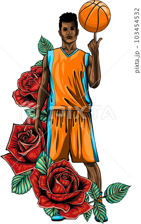 vector illustration of a basketball player with a basketball ball and roses vector illustration of a basketball player with a basketball ball and roses 103454532