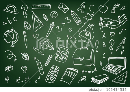 Background of school icons in doodle style. School education. Back to school doodle drawing. 103454535