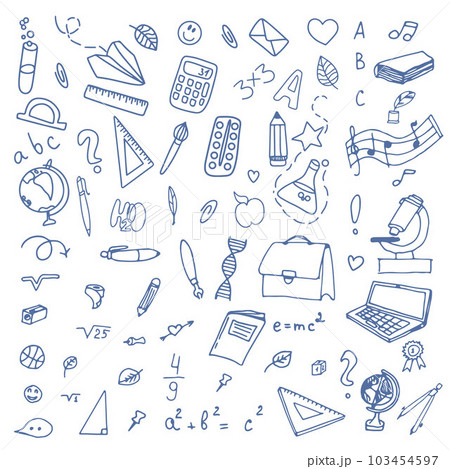 A set of doodle school badges with doodles.School education. Let's go back to school doodle drawing. Vector 103454597