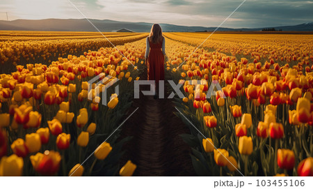 Tulips flower field. Illustration AI Generative Tulips flower field. Illustration AI Generative 103455106