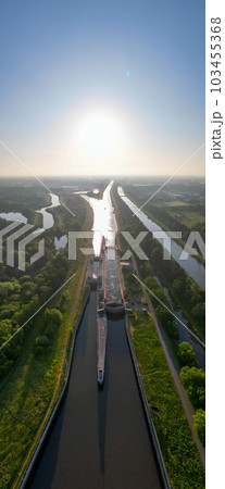 DUFFEL, LIER, BELGIUM, May 31, 2023, Aerial view of the River lock between Nete Channel and Nete DUFFEL, LIER, BELGIUM, May 31, 2023, Aerial view of the River lock between Nete Channel and Nete 103455368