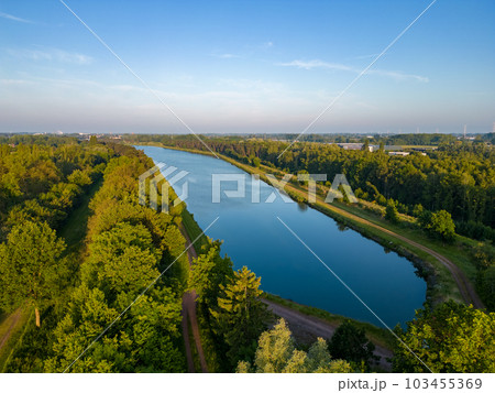 Aerial view of the river in summer with bright blue sky and clouds 103455369