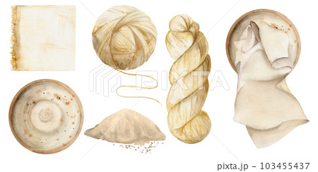 Hand drawn watercolor natural beige yarn, cloth materials for hobby, handmade fabric, knitting. Illustration isolated composition, white background. Shop logo, print, website, business card, booklet 103455437