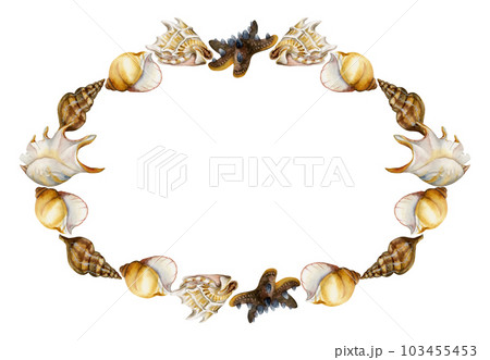 Hand drawn watercolor exotic sea shells and colorful glass, starfish. Circle wreath frame. Isolated on white background. Design wall art, wedding, print, fabric, cover, card, tourism, travel booklet. 103455453