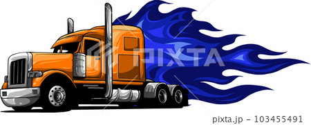 Classic american semi truck. Isolated vehicle with fire flame on white background. 103455491