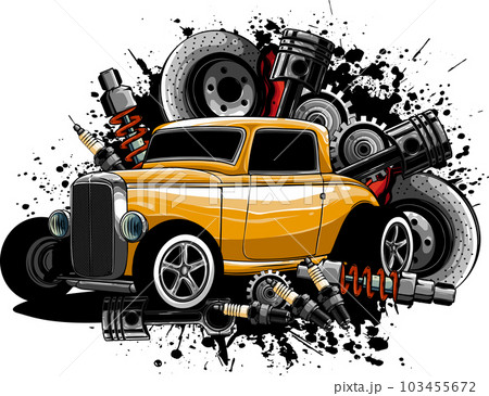 vector vintage car, signage for car service, store of spare parts retro car, 103455672