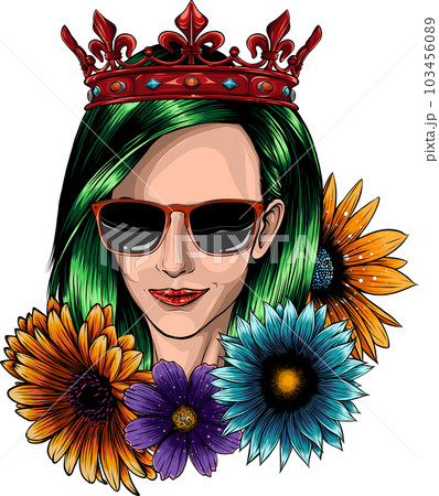 Beautiful girl in the crown and sunglasses. Vector illustration 103456089