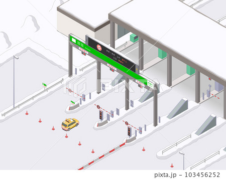 アイソメトリック図法で描いた閉鎖中の高速道路料金所入口のイメージ(雪道) アイソメトリック図法で描いた閉鎖中の高速道路料金所入口のイメージ(雪道) 103456252