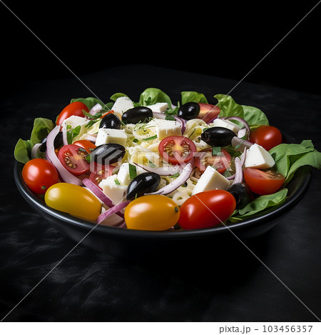 Delicious fresh appetizing salad of cheese, tomatoes and black olives, Greek salad, close-up, isolated on black, Delicious fresh appetizing salad of cheese, tomatoes and black olives, Greek salad, close-up, isolated on black, 103456357